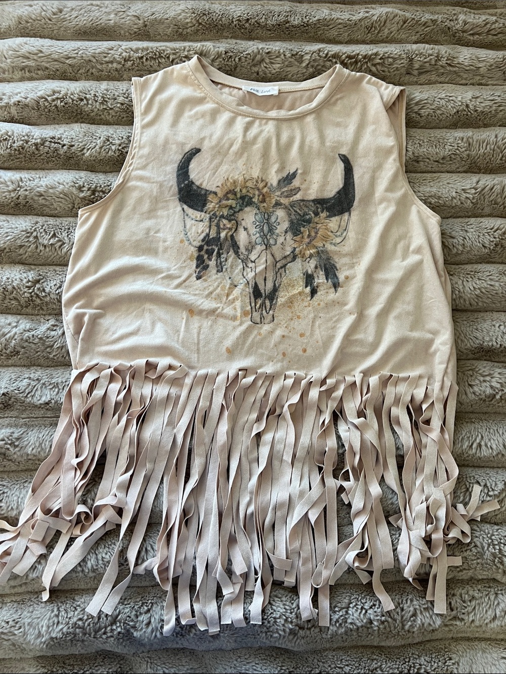 Boho Fringe Tank with Bull Skull Graphic